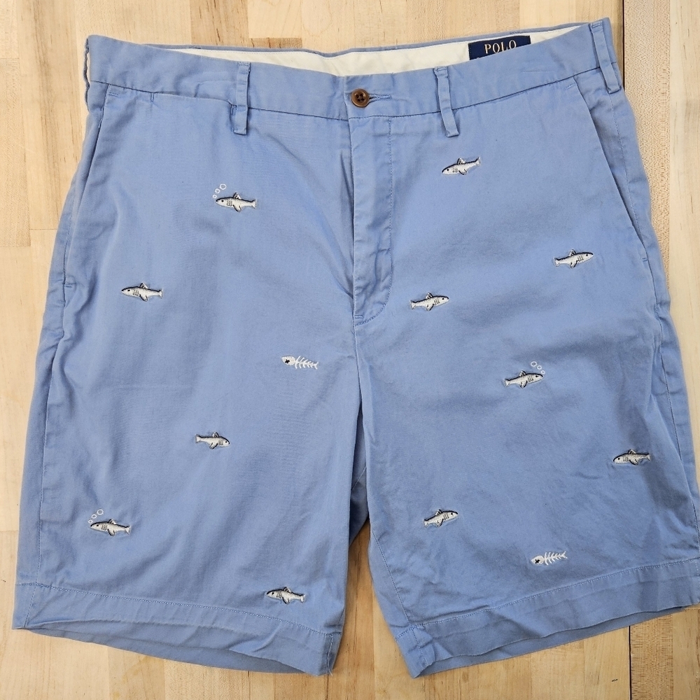 Polo Ralph Lauren Mens Stretch Classic Fit Chino Shorts 34W Embroidery Fish Blue